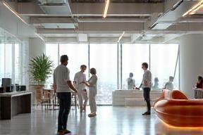 Architectural visual of a futuristic workspace interior